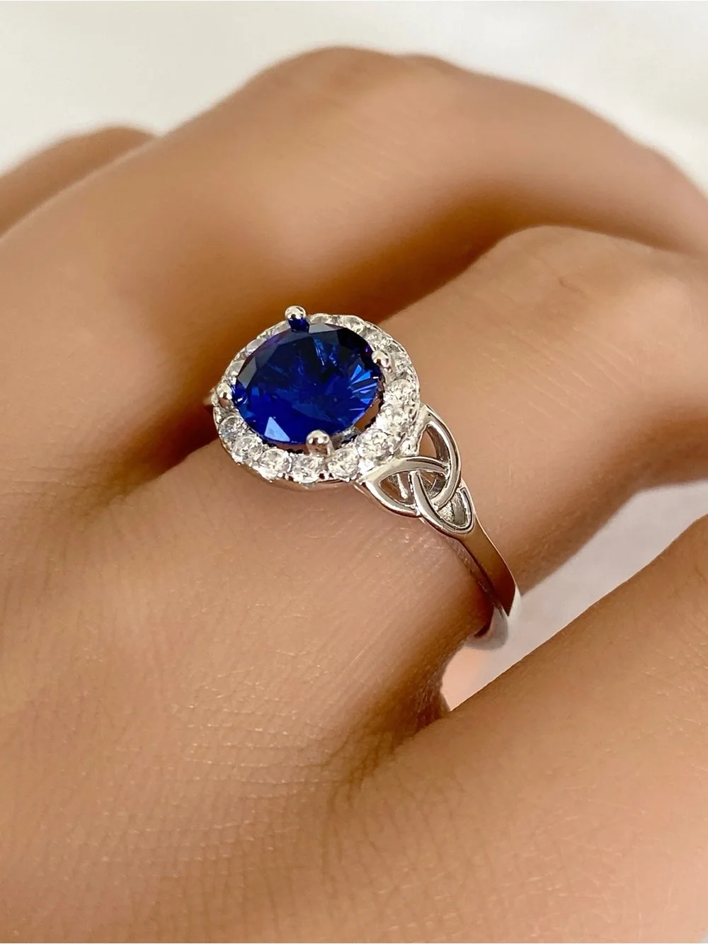Round Cut Blue Sapphire Celtic Knot 925 Sterling Silver Halo CZ Women’s Ring